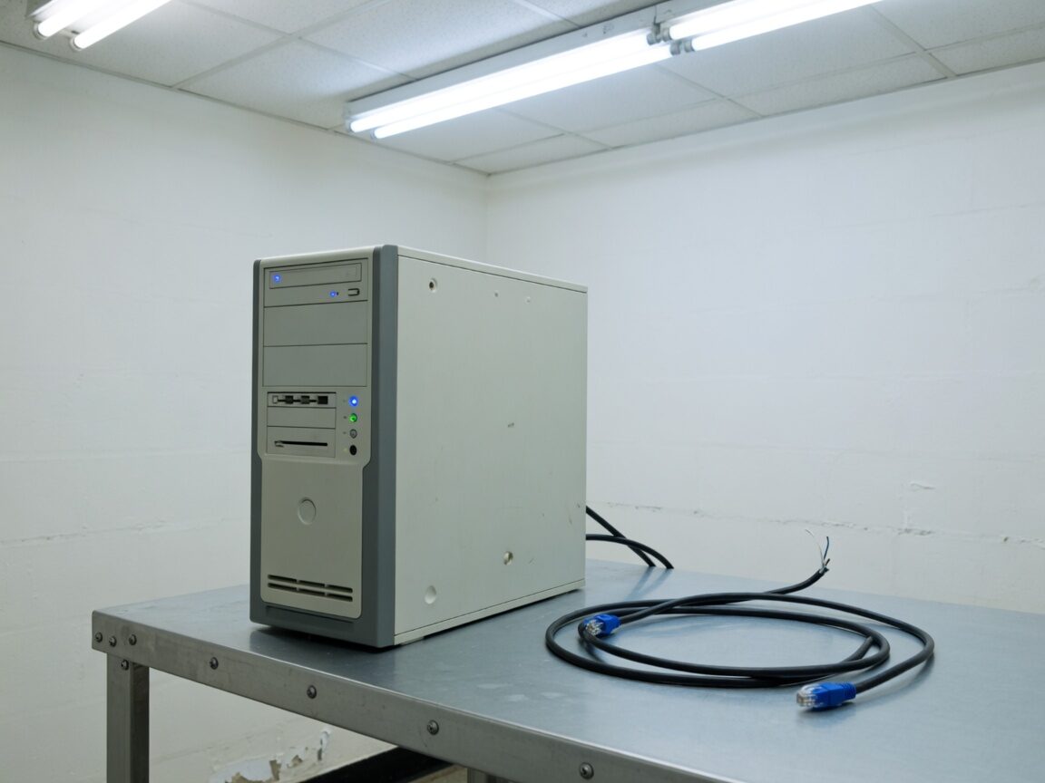 Single beige tower PC on a metal table in a windowless white room, ethernet cable coiled and unplugged.