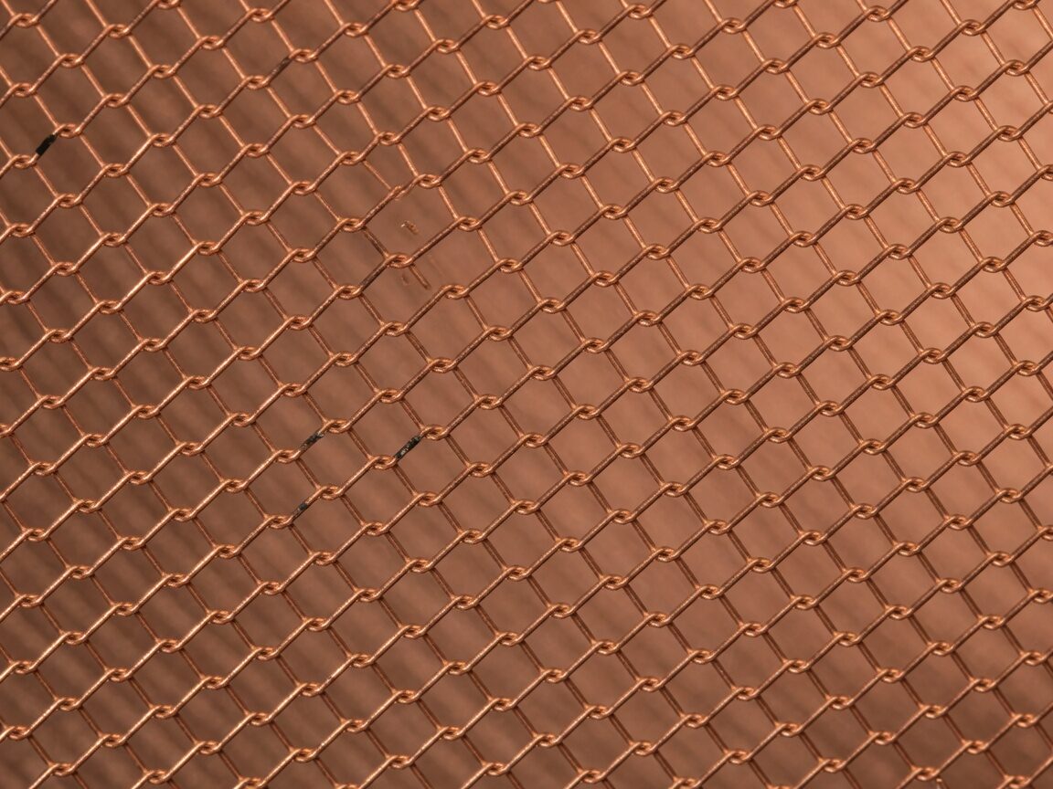 Close-up of copper Faraday mesh, hexagonal weave filling the frame.