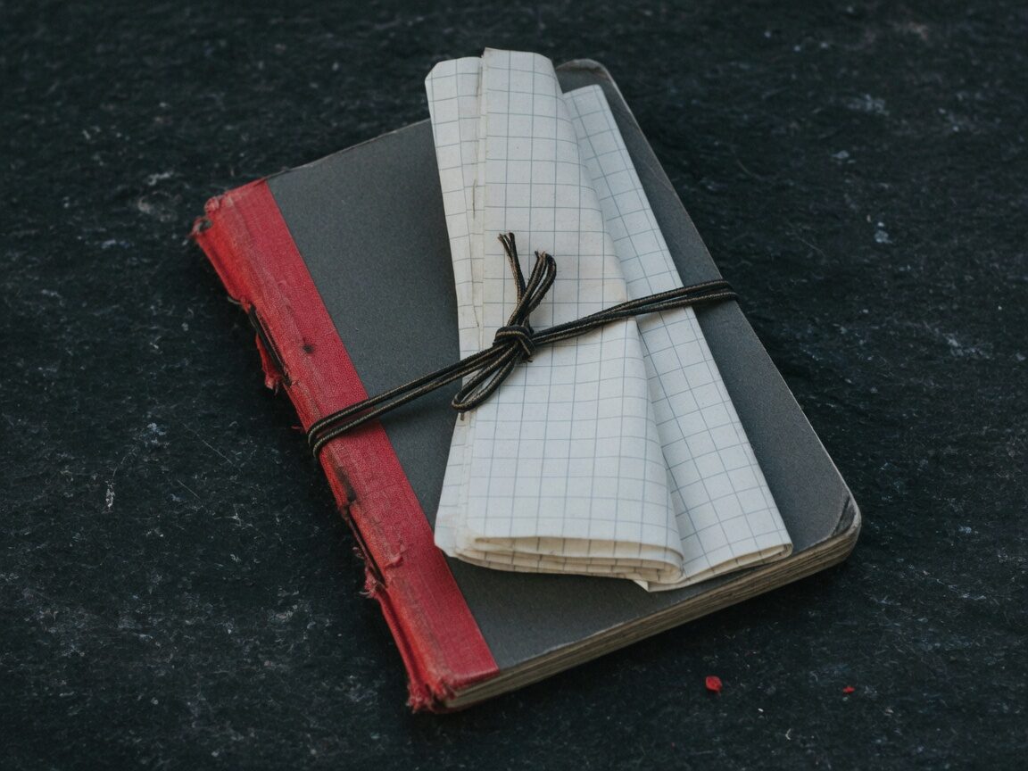 Bound notebook of blank grid paper with a red spine on black stone.